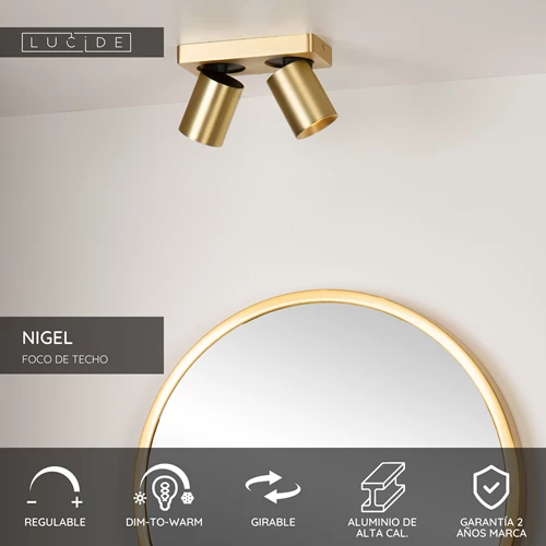 Lucide NIGEL - Foco de techo - LED Dim to warm - GU10 - 2x5W 2200K/3000K - Oro mate / Latón - USP